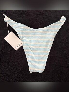 Vitamin A Sustainable High Leg Striped Blue White Bikini Bottoms $105 XL